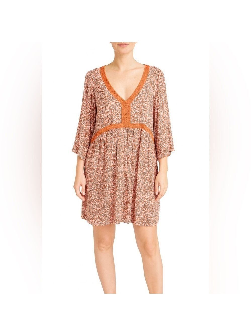 IN EVERY STORY Coral Ditsy Floral Print Tunic V-Neck Lace Trim 3/4 Sleeves 3X